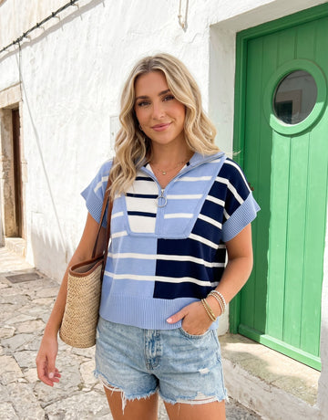 Striped Zip Up Short Sleeve Top