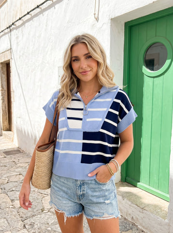 Striped Zip Up Short Sleeve Top