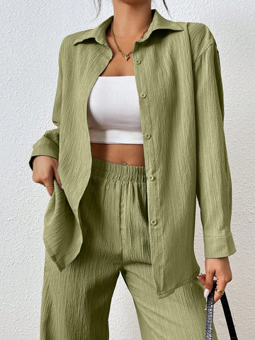 Loose-Fit Shirt Matching Wide-Leg Pants Casual Set
