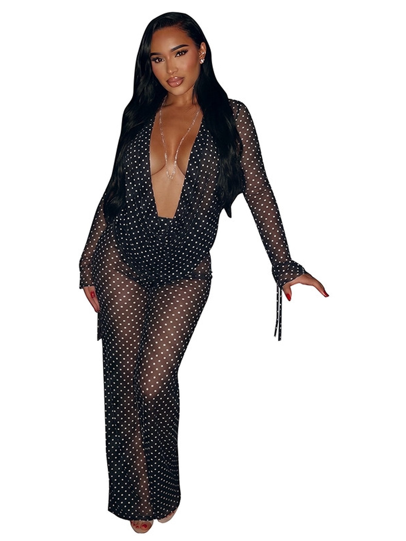 Sheer Polka Dot Cowl Neck Two Piece Set