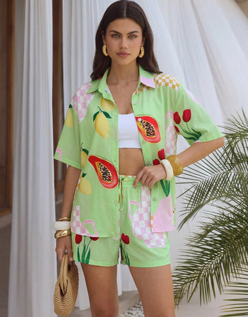 Short Sleeve Tropical Print Resort Shorts Set