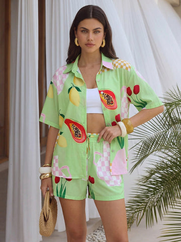 Short Sleeve Tropical Print Resort Shorts Set