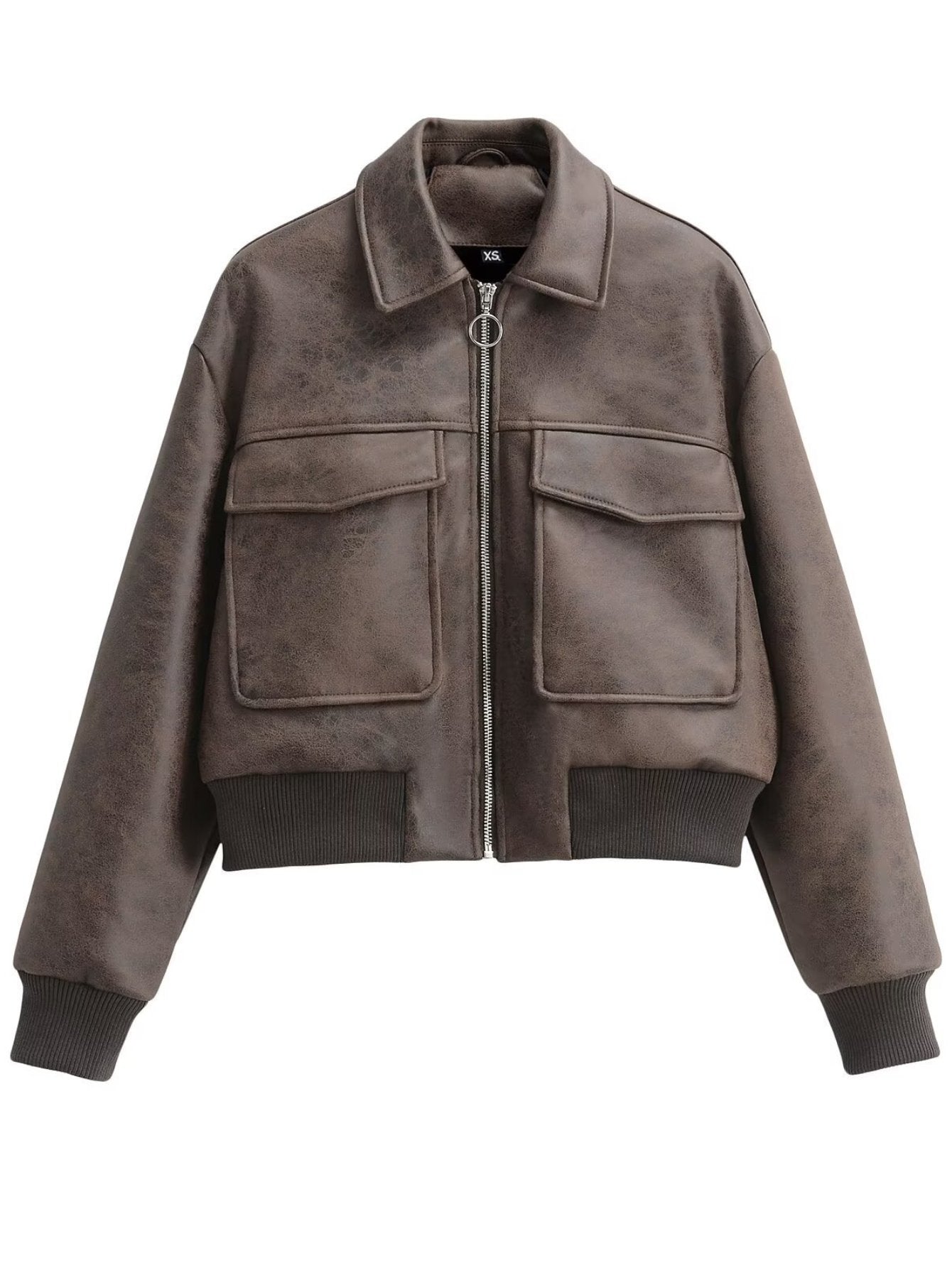 Distressed Faux Leather Bomber Jacket