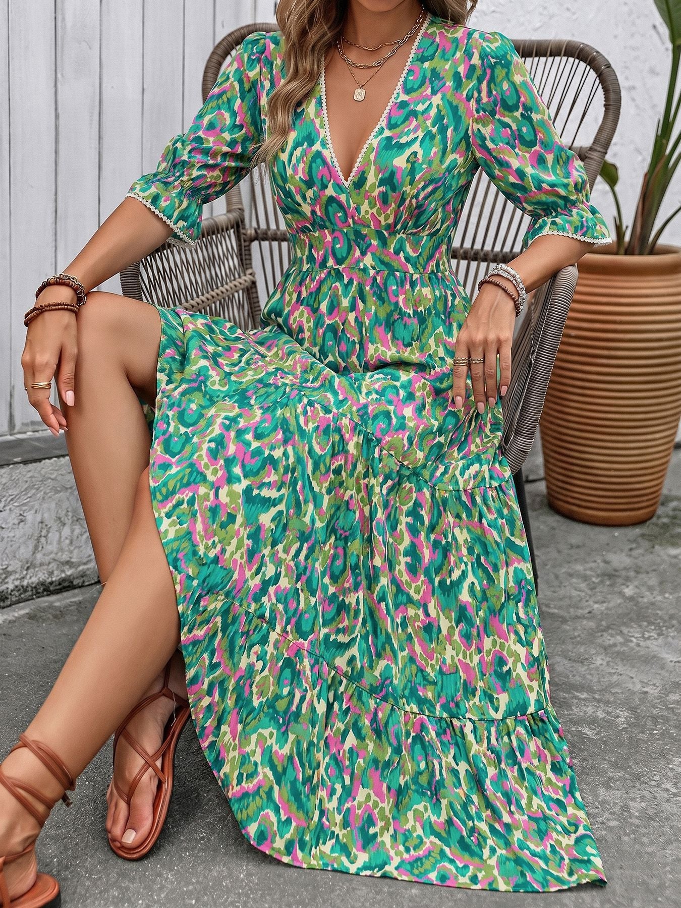 Boho Floral V Neck Maxi Dress