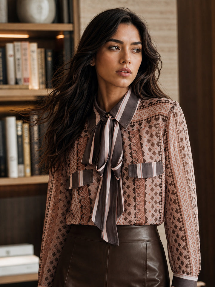 Elegant Geometric Print Tie Neck Shirt