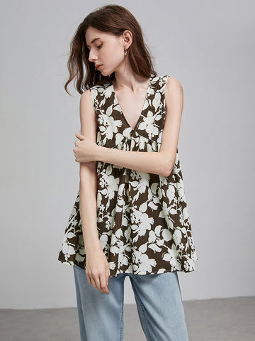 Leaf-Print Sleeveless Relaxed Camisole