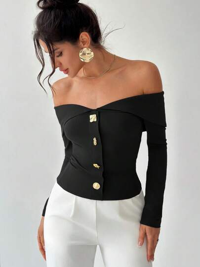 Elegant Off Shoulder Button Down Top