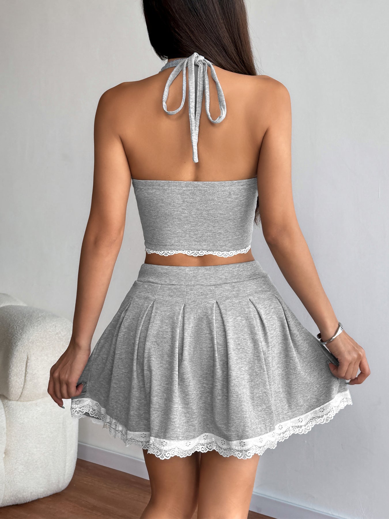 Laced-Up Halter Top Drawstring Mini Skirt Sweet Set-Light Gray