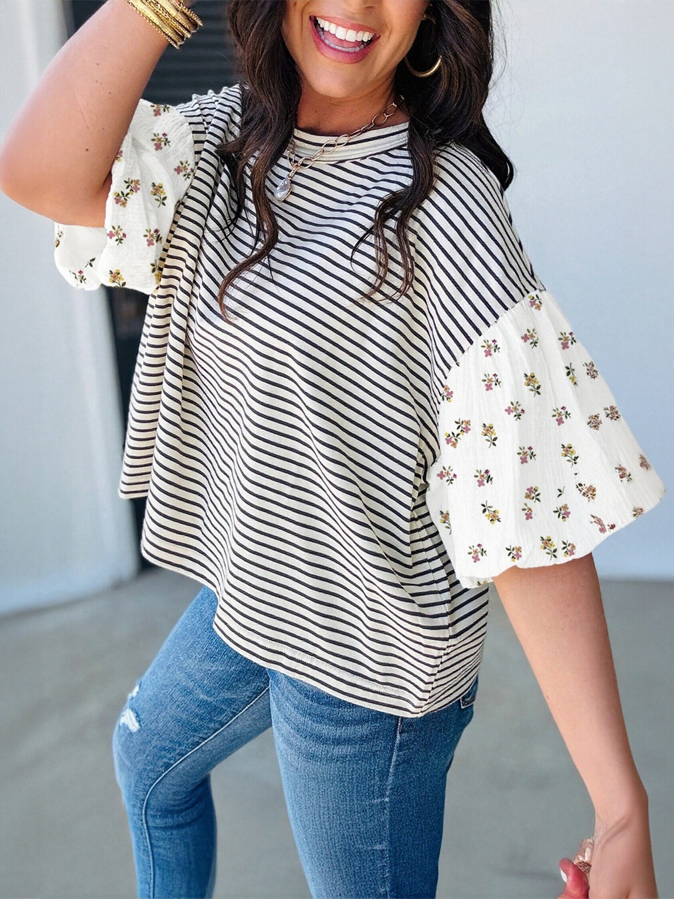 Floral Puff Sleeve Striped T-Shirt