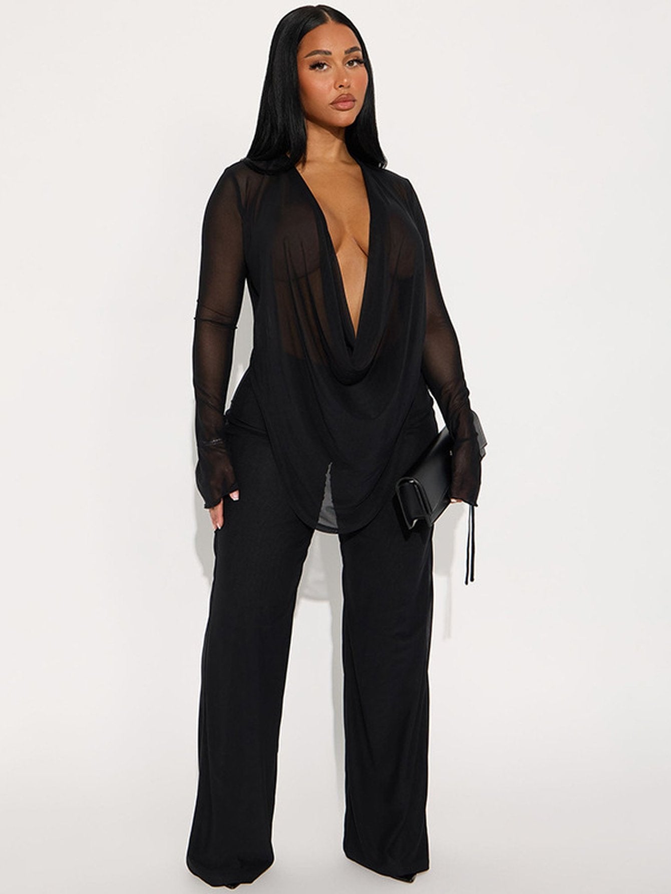 Sheer Draped Plunge Pants Set
