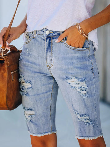 Distressed High Rise Denim Bermuda Shorts