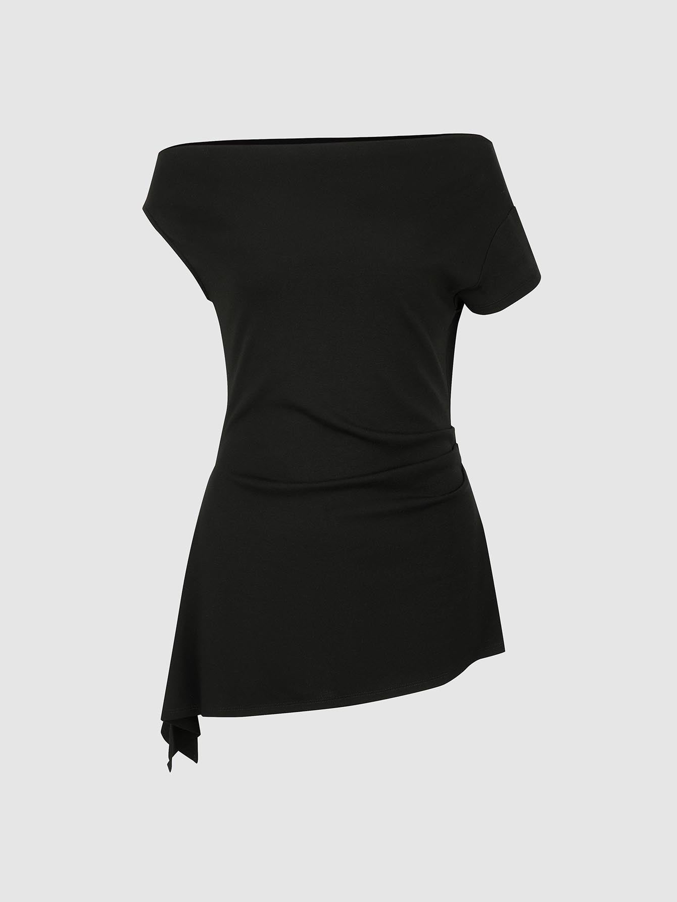 Urban Revivo Asymmetric V-Neck Ruched Shirts-Black