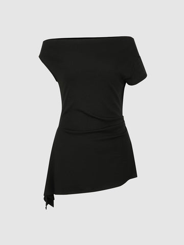 Urban Revivo Asymmetric V-Neck Ruched Shirts-Black