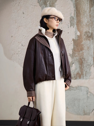 Plaid Trim Oversized Faux Leather Jacket