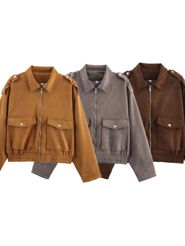 Cropped Suede Utility Bomber Jacket