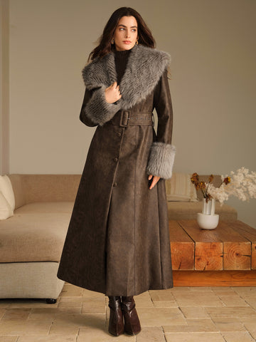 Faux Fur Trim Belted Leather Coat