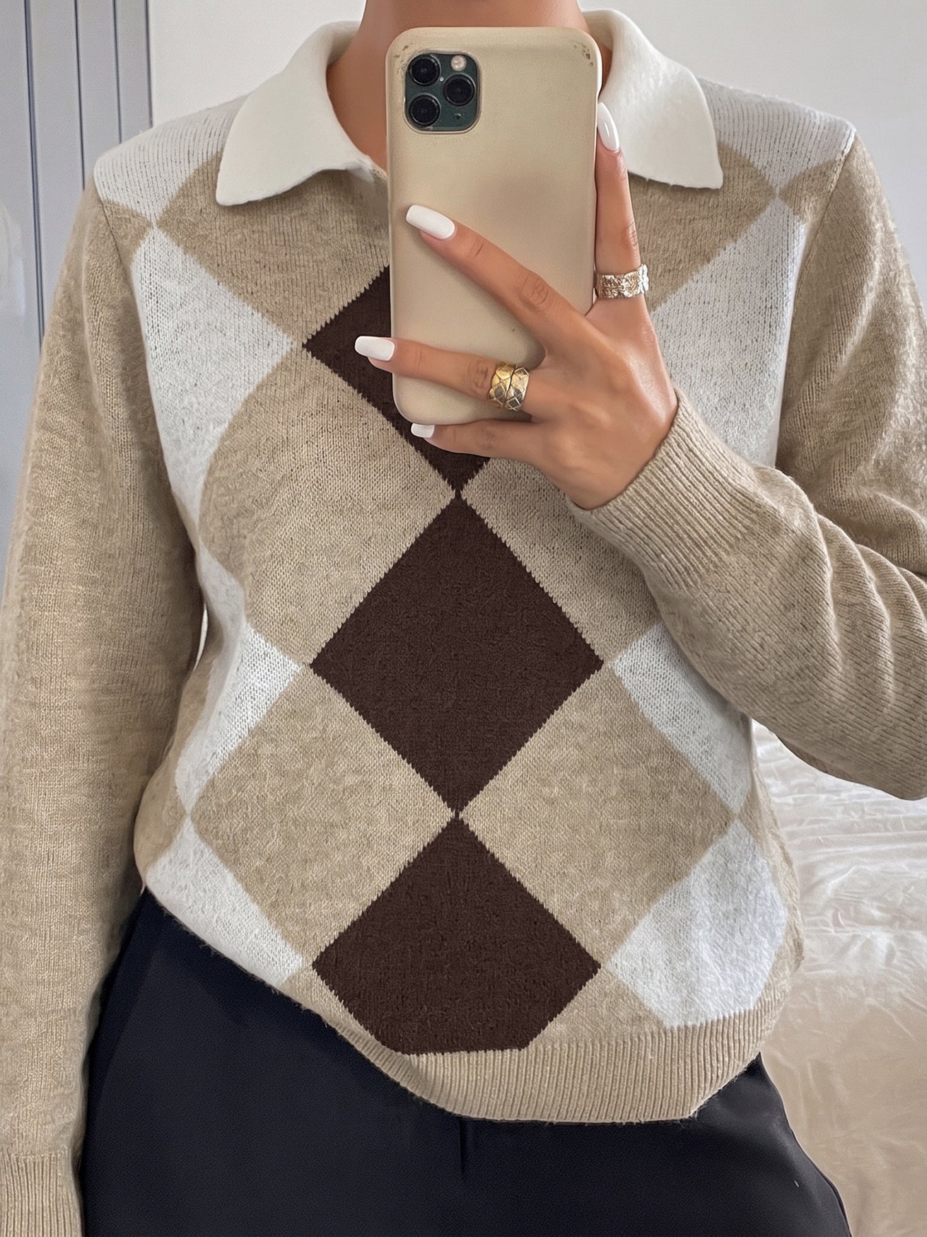 Preppy Argyle Collared Button Up Sweater
