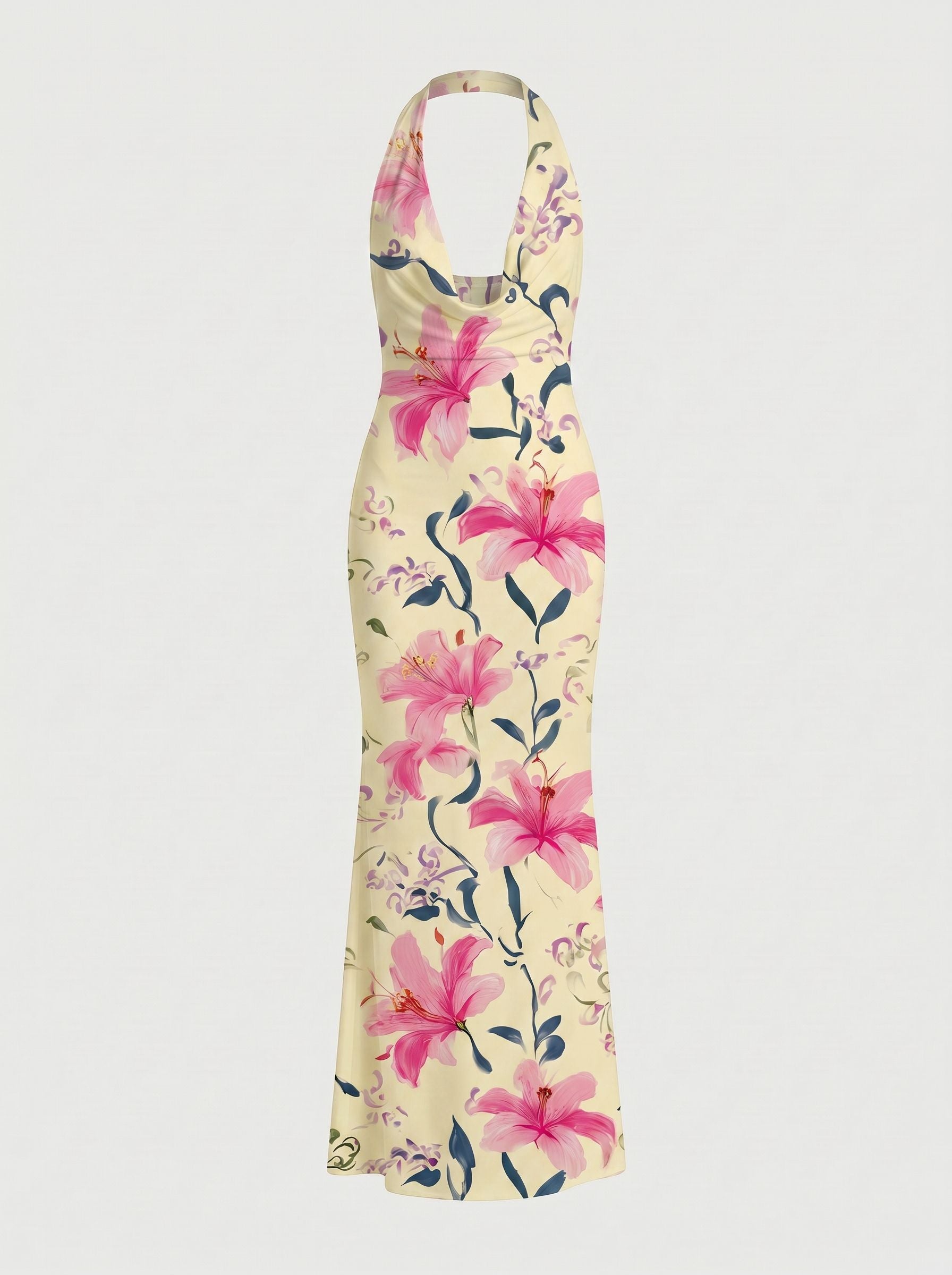 LILA Floral Print Cowl Neck Bodycon Midi Dress