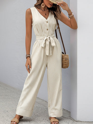 V Neck Striped Pattern Jumpsuit