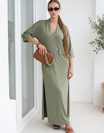 Casual V Neck Side Slit Dress