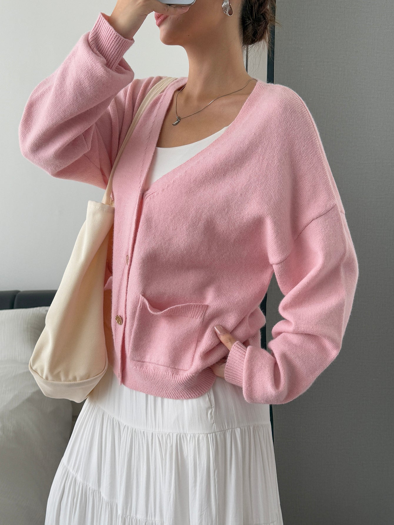 Soft-Touch V-Neck Button-Front Sweet Cardigan-Pink