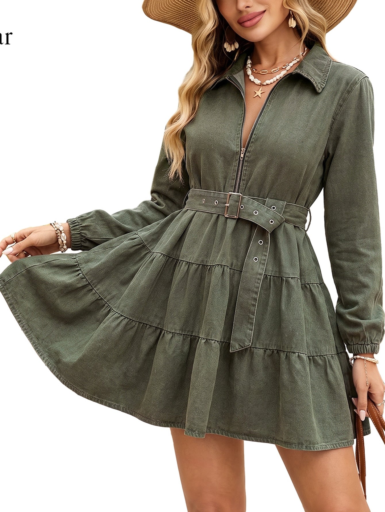 Zip Up Belted Denim Dress