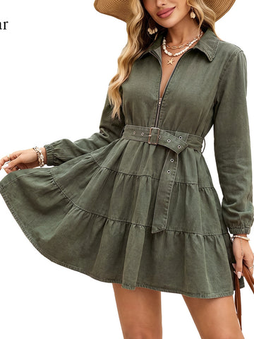 Zip Up Belted Denim Dress