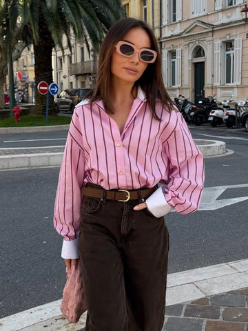 Oversized Striped Contrast Collar Button Down Shirt