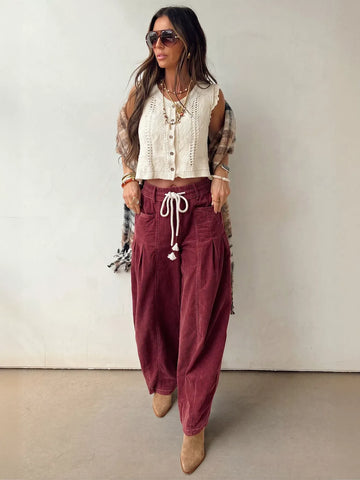 Comfy Drawstring Corduroy Wide Leg Pants