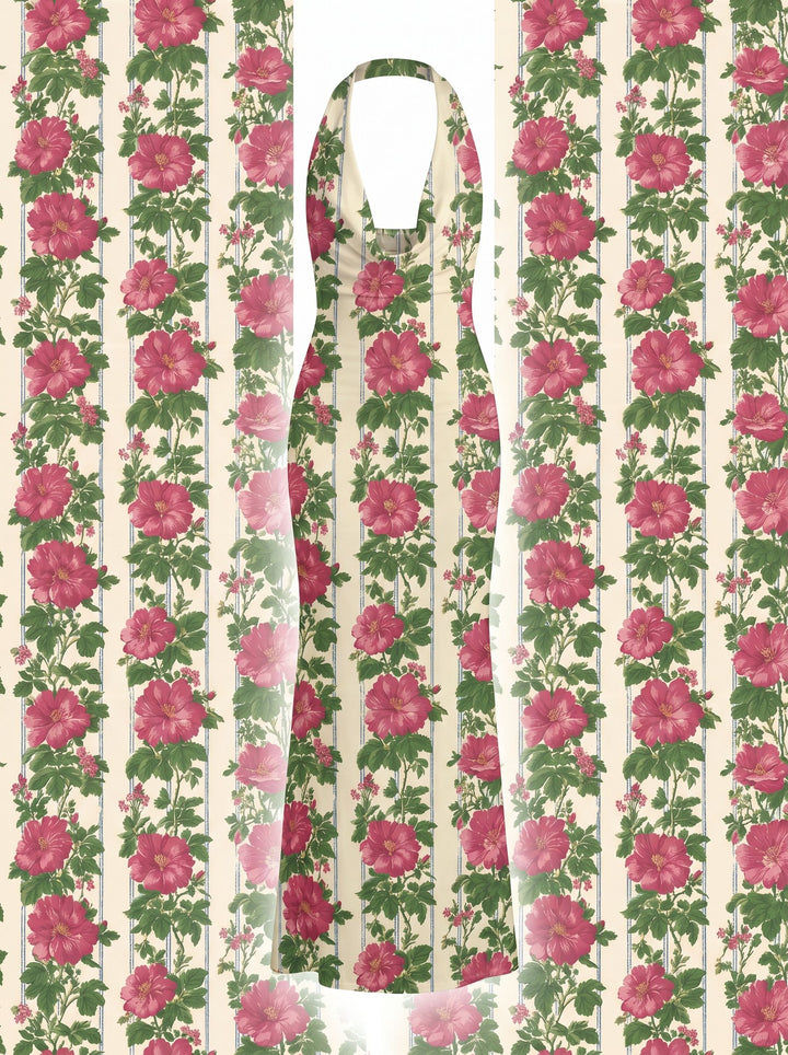 shiqun chen's Pink Hibiscus Print Midi Dress