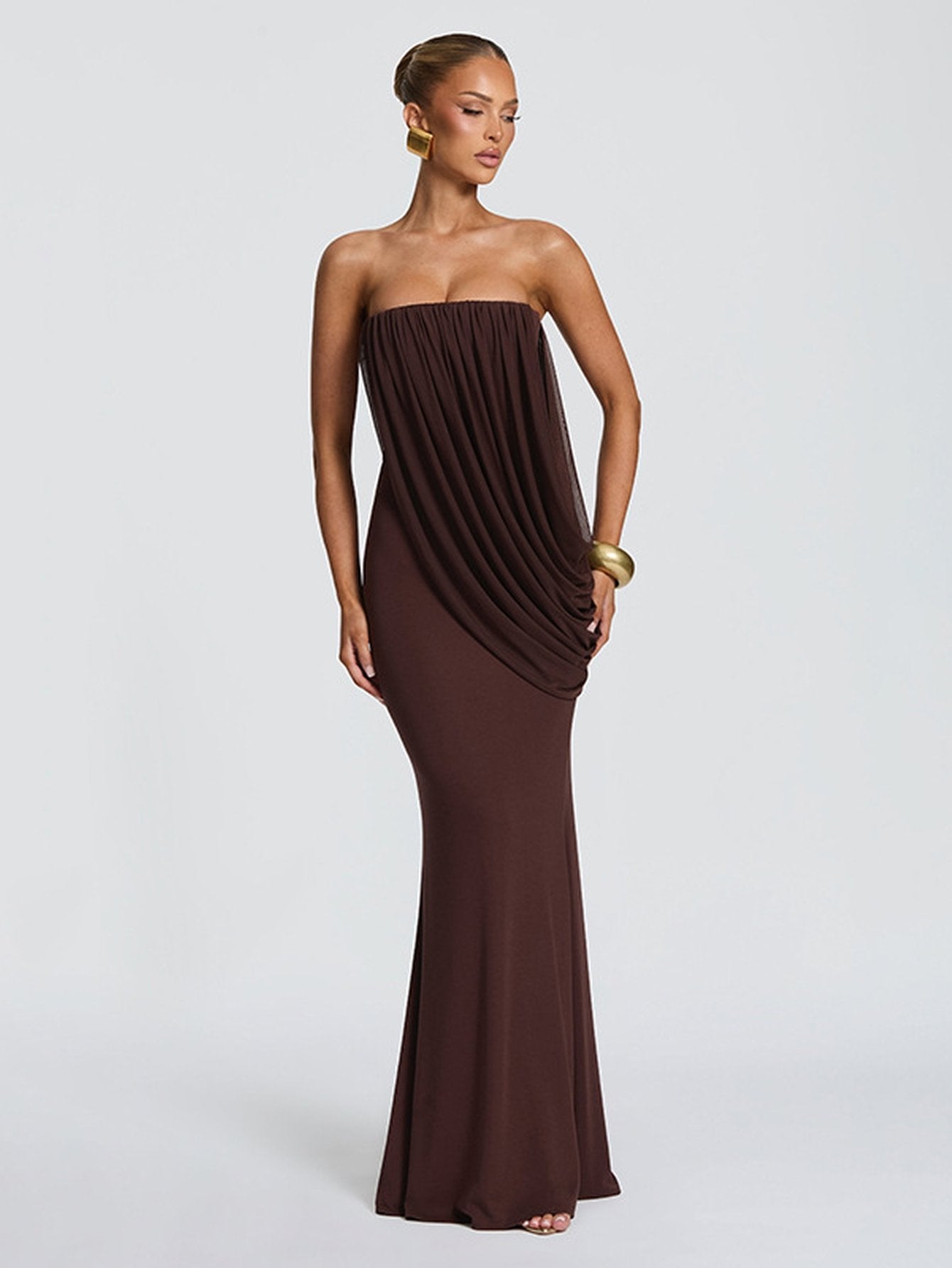 Draped Strapless Brown Maxi Dress