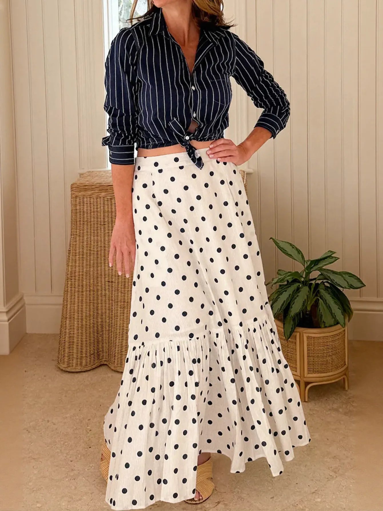 High Waisted Polka Dot Midi Skirt