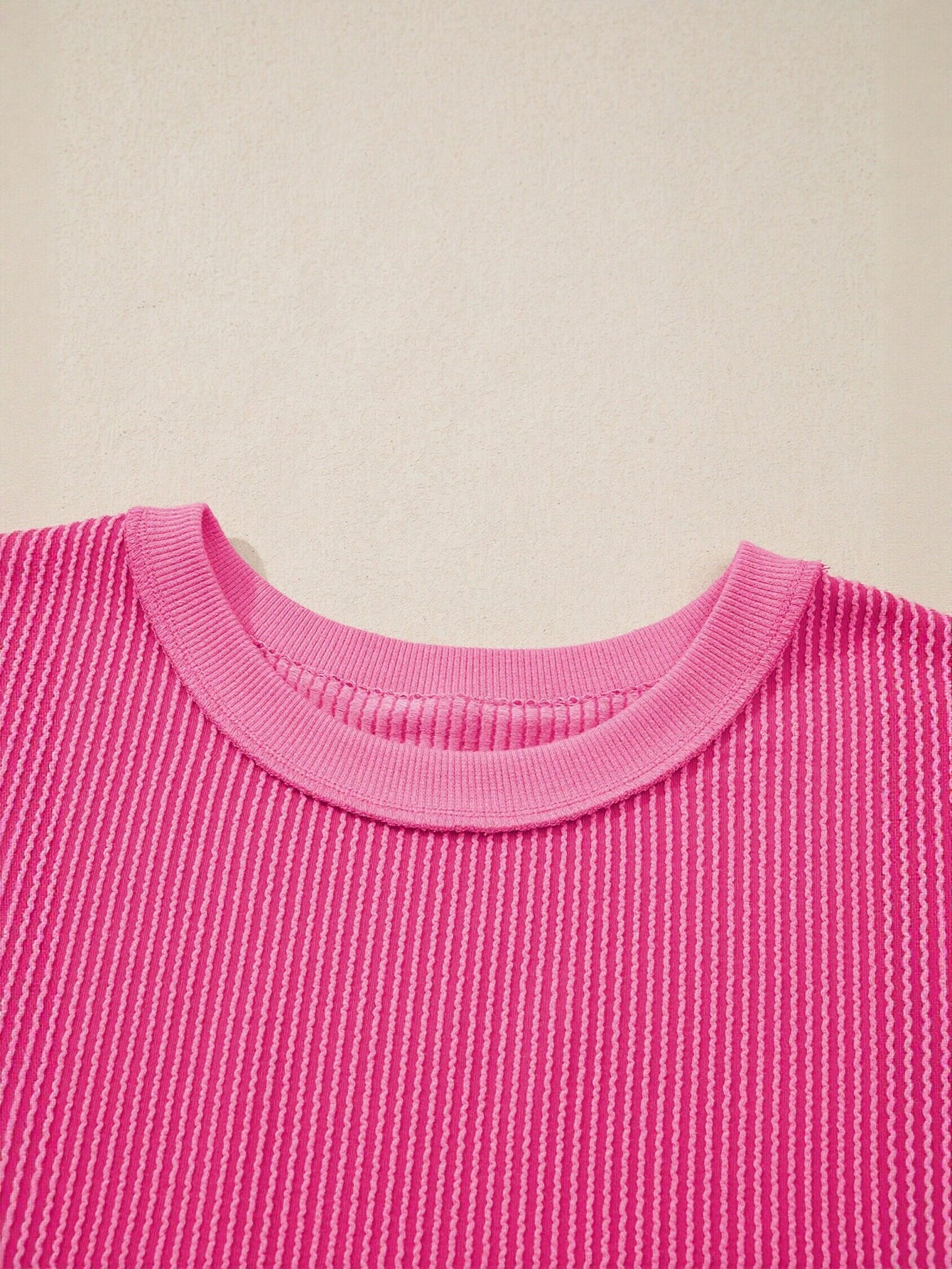 Ribbed Oversized Pink Crewneck T-Shirt