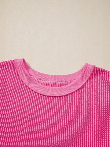 Ribbed Oversized Pink Crewneck T-Shirt
