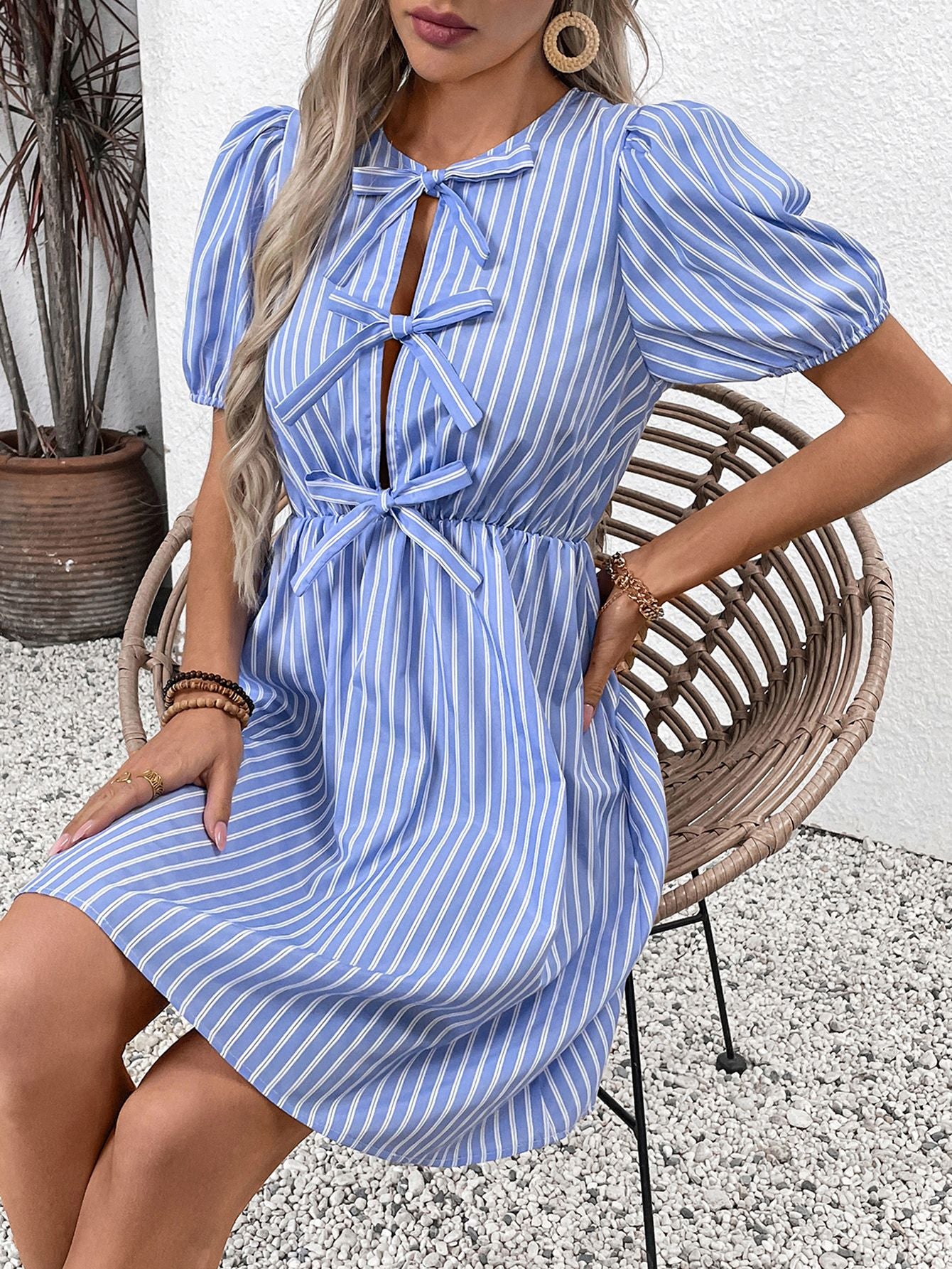 Puff Sleeve Oversized Bow Elegant Mini Dress-Multicolor