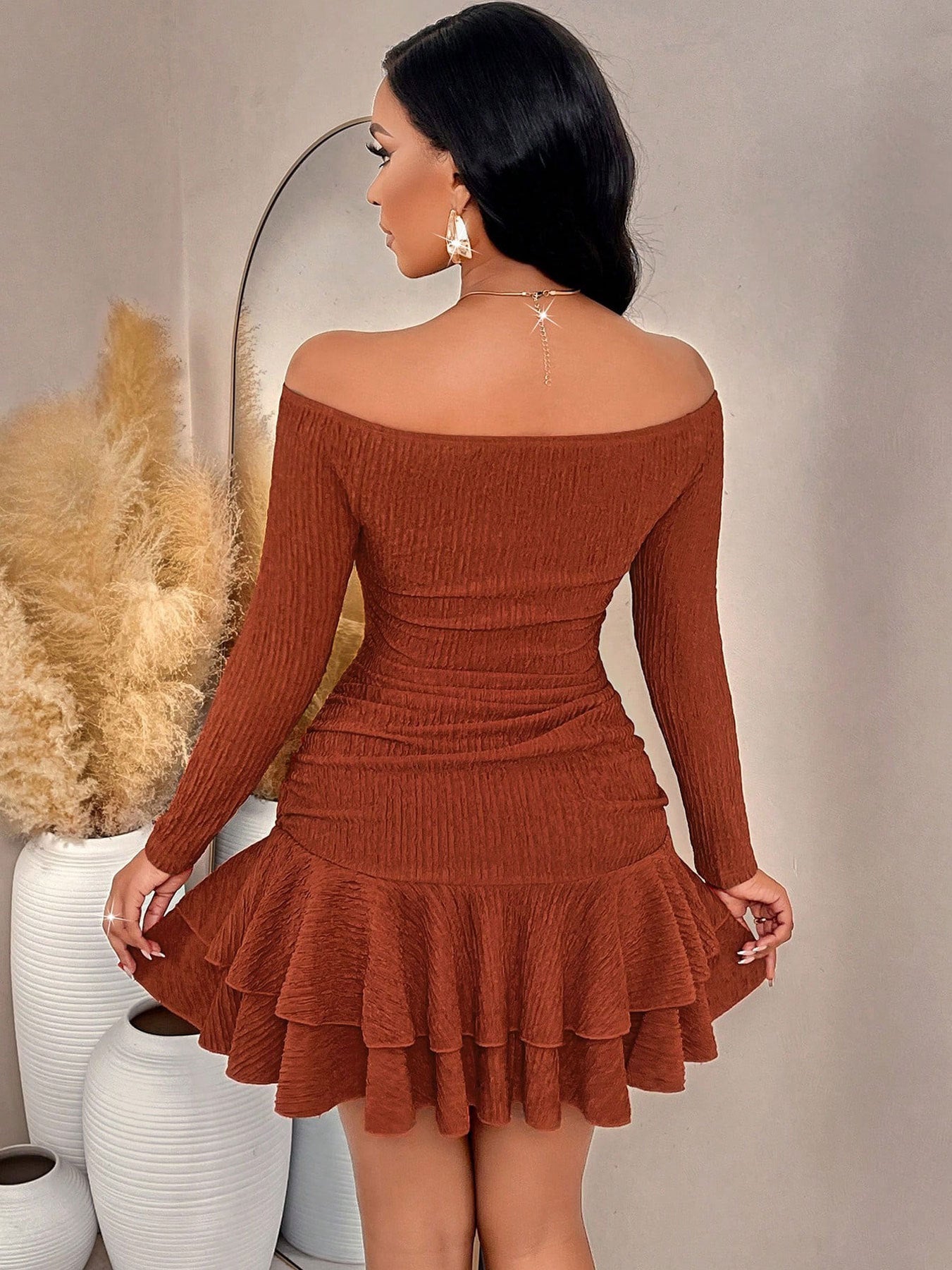 Off Shoulder Ruched Ruffle Mini Dress