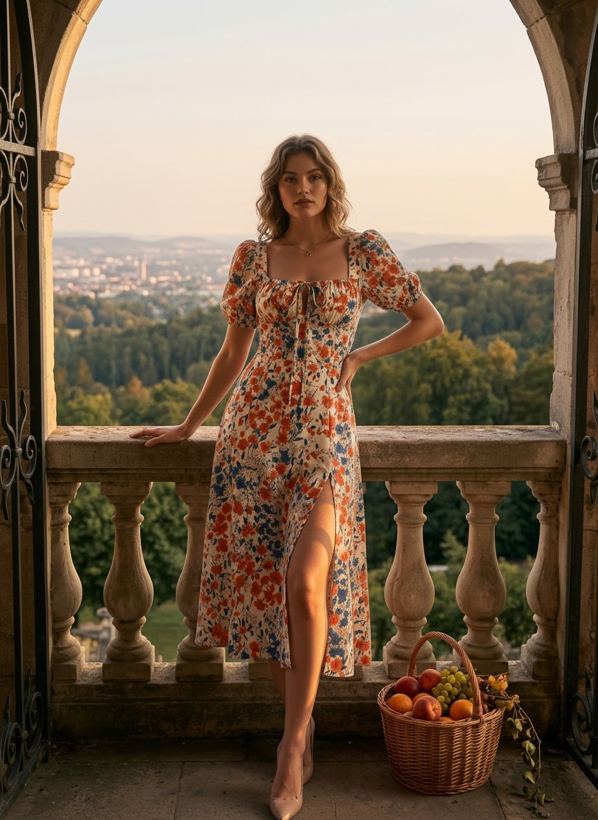 Floral Print Puff Sleeve Tie MidiDress