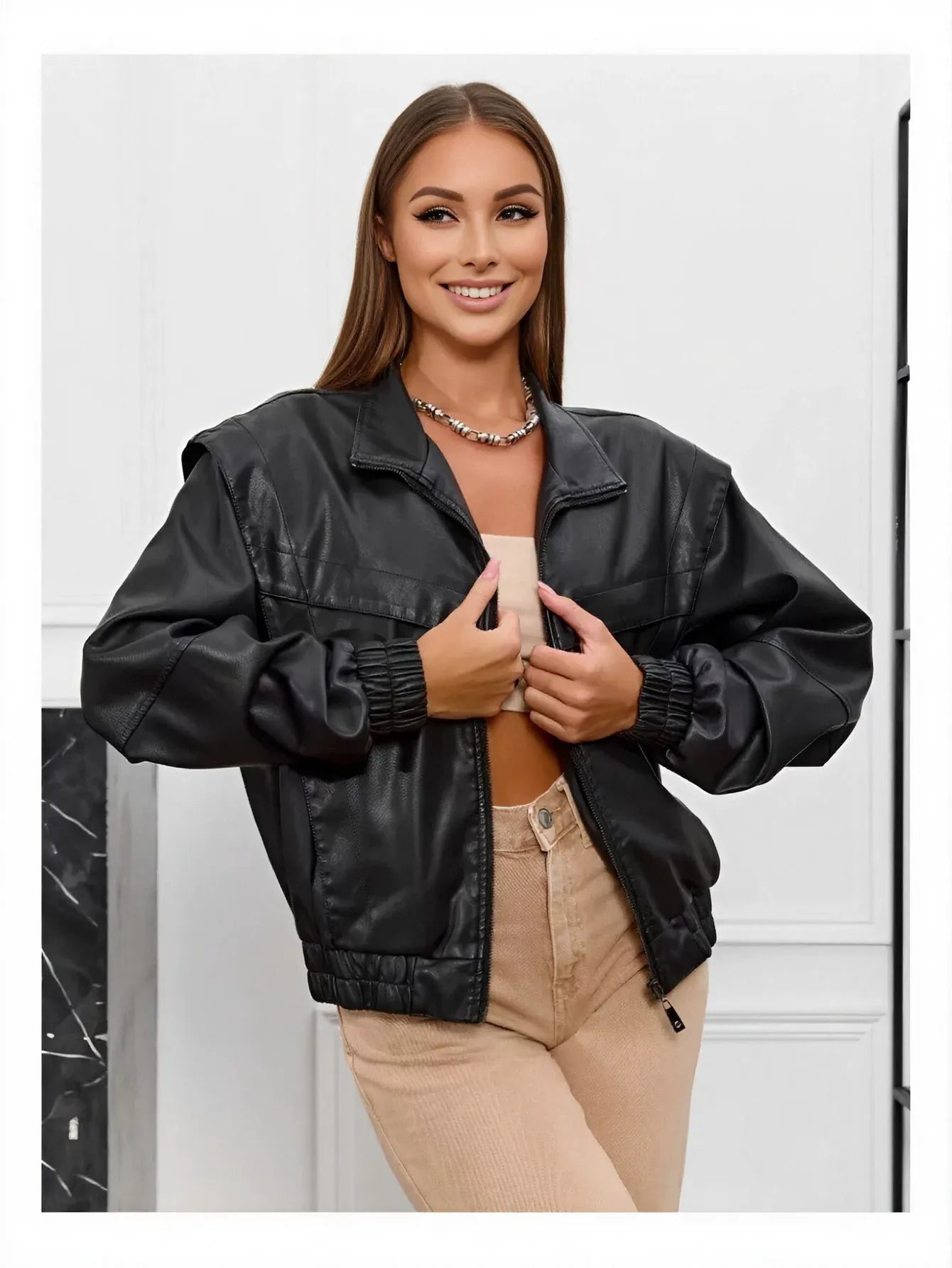 Oversized Faux Leather Bomber Jacket