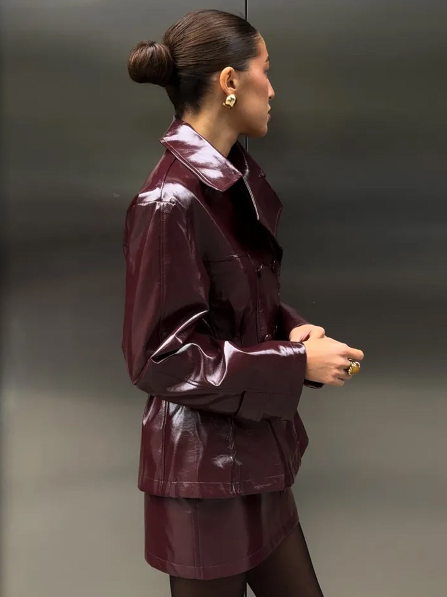 Glossy Faux Leather Skirt Set