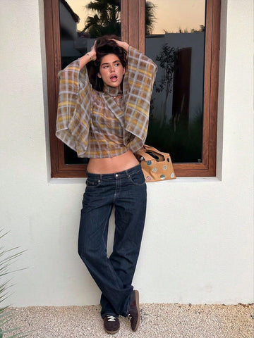 Plaid Chiffon Halter Neck Blouse