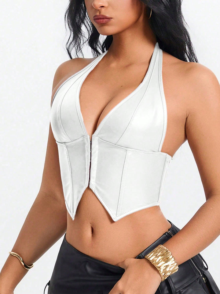 Burgundy Faux Leather Plunge Corset Top