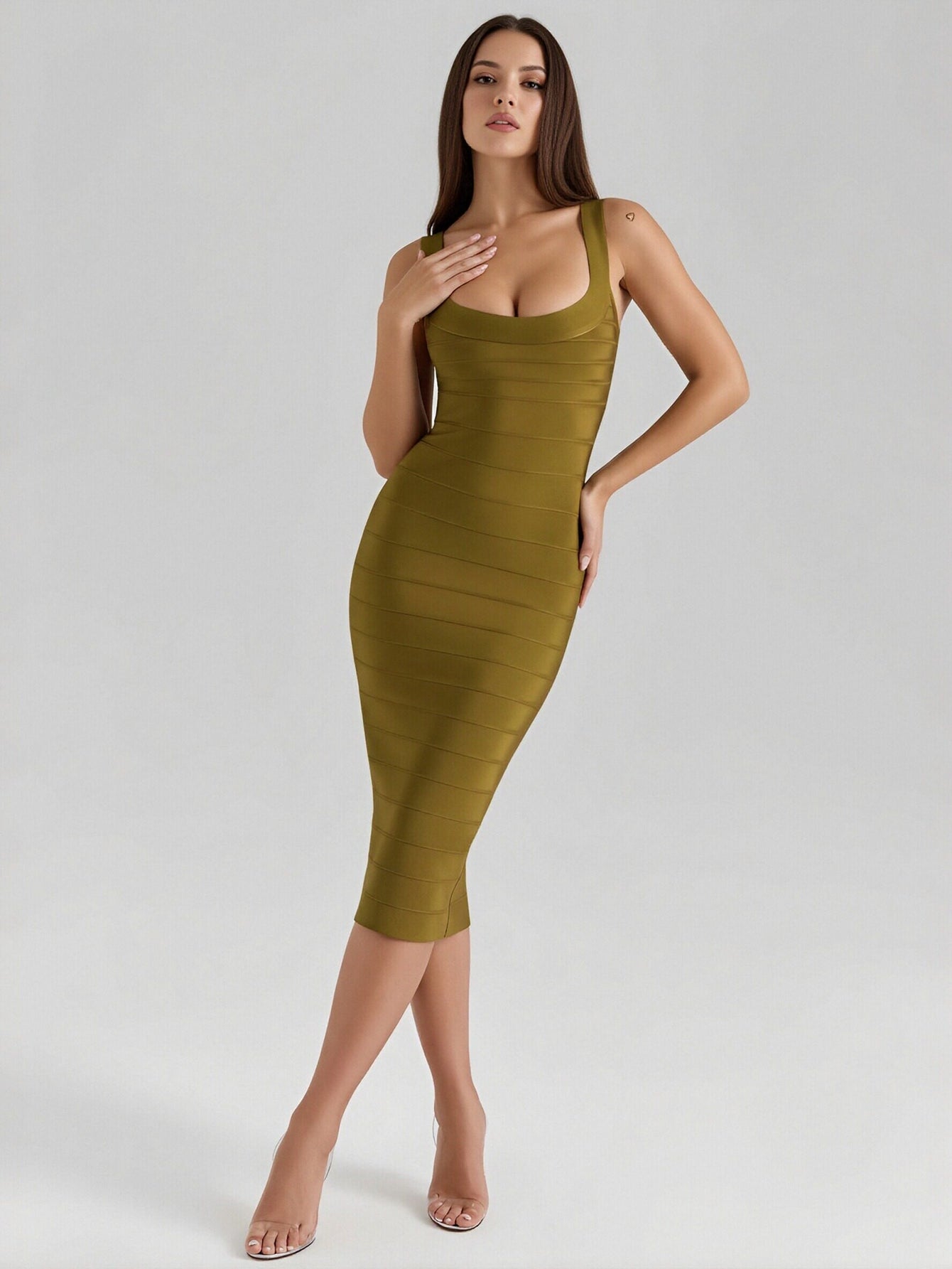 Deep U-Neck Ribbed Elegance Midi Dress