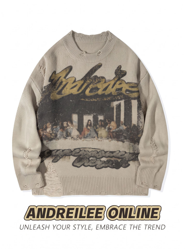 Distressed Graphic Print Oversized Sweater