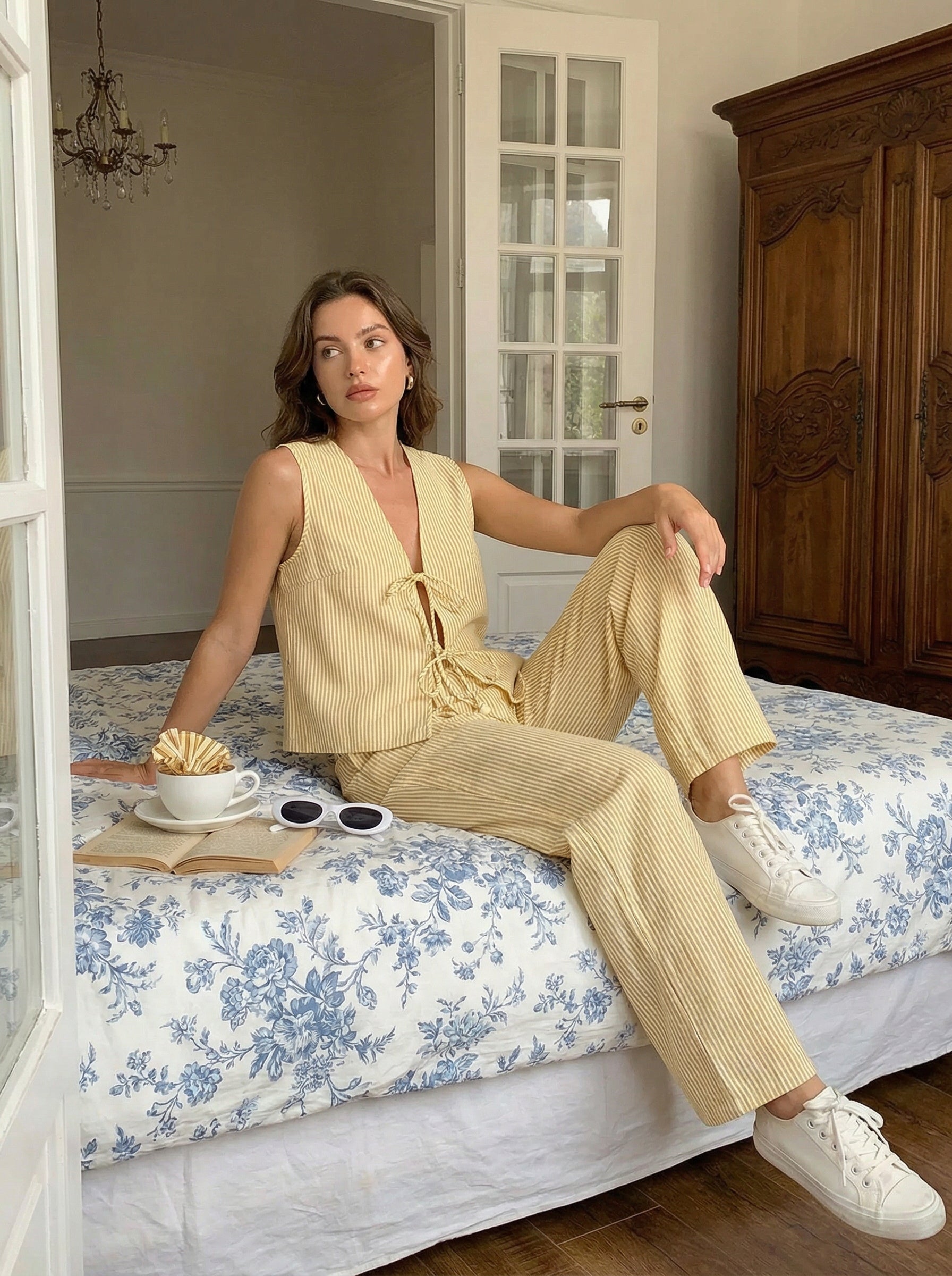 Drawstring Sleeveless Top Wide-Leg Pants Casual Set-Yellow