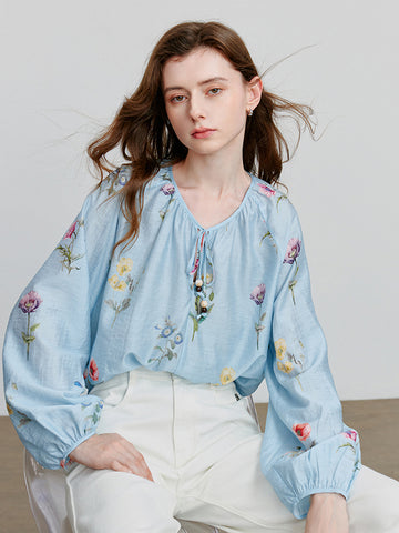 TOYOUTH Light Blue Floral Print Tie-Neck Blouse