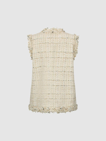 Urban Revivo V-Neck Flap Pocket Raw Hem Tweed Vests-Off White