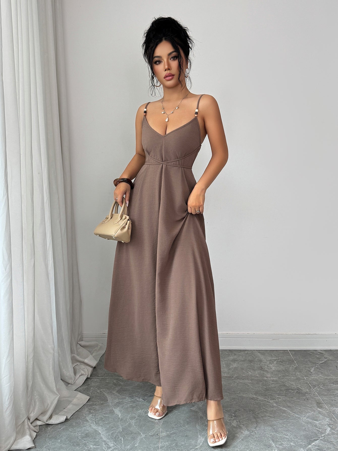 Spaghetti-Strap Cinched-Waist Draped Evening Maxi Dress-Khaki