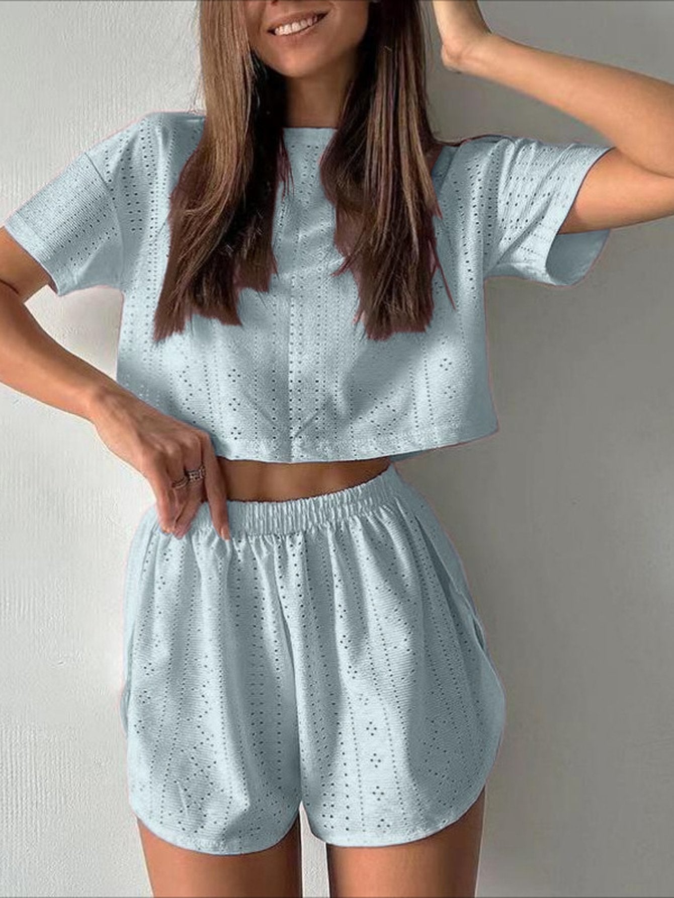 Eyelet Cropped Long Sleeve Lounge Set
