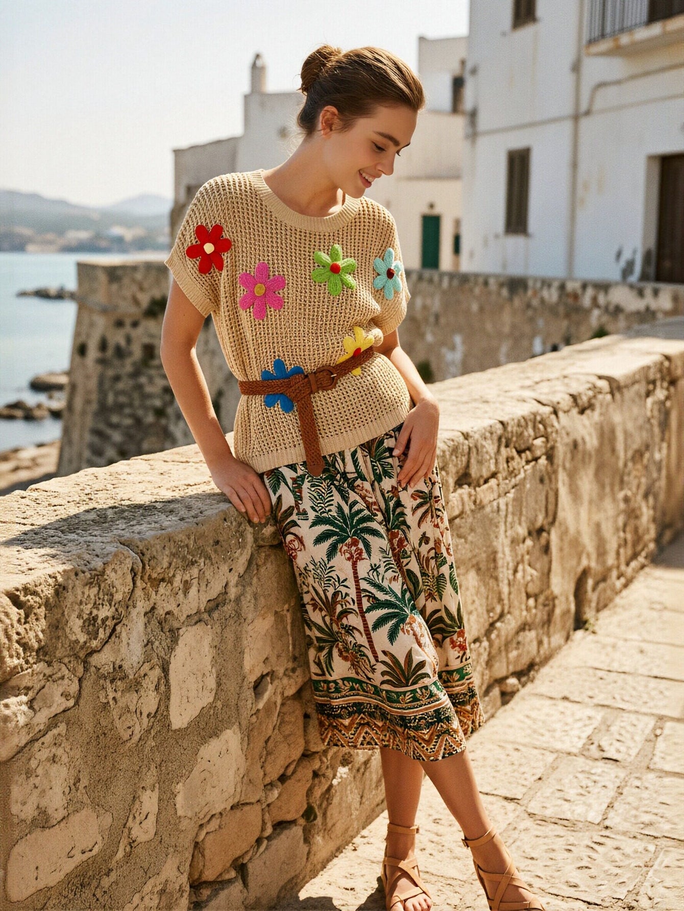 Floral Crochet Short Sleeve Sweater
