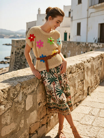 Floral Crochet Short Sleeve Sweater